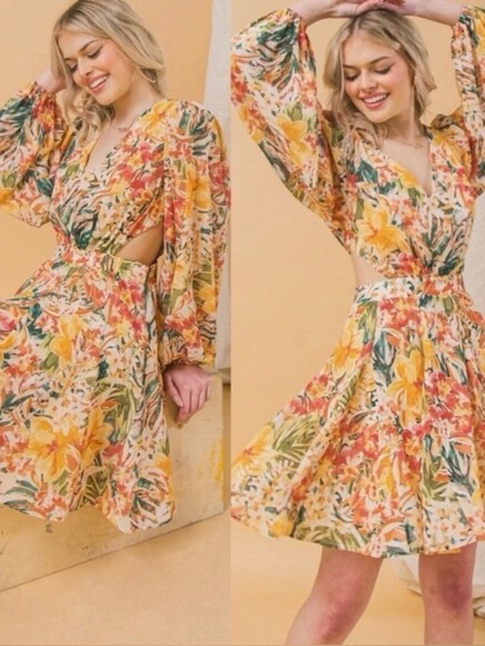 Pink Lily Floral Cutout Long Sleeve Mini Dress Size Small